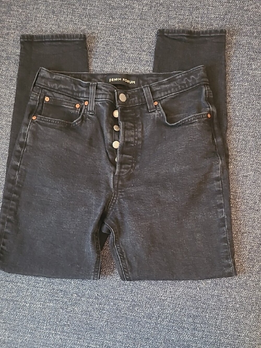 Denim Forum The Yoko High Rise Slim Black Jeans with Branded Leather Patch 28